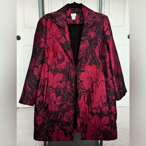 Chico's Red Occasion Topper Jacquard Jacket in a Wild Poppy Pattern. 